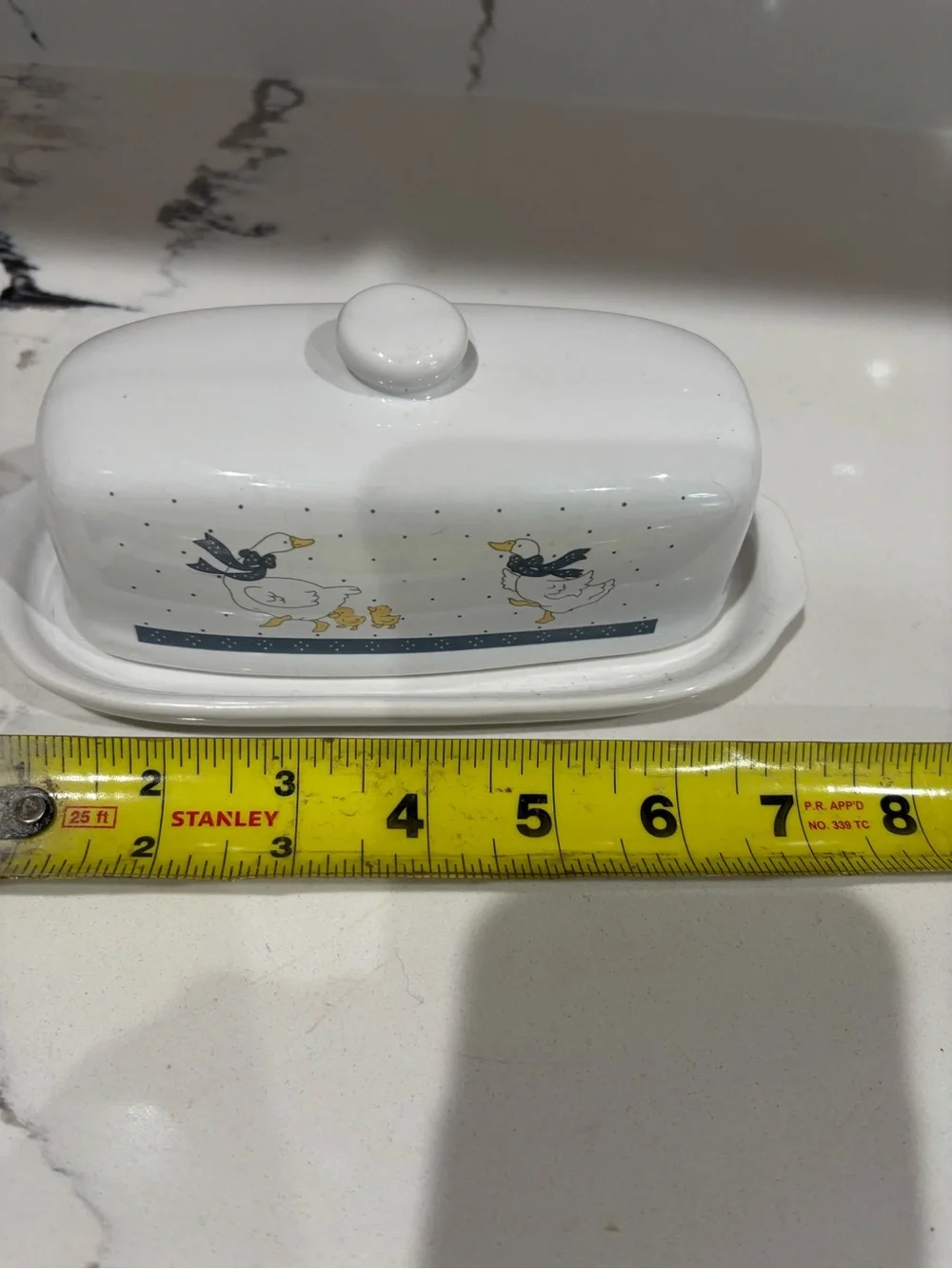 White Ceramic Butter Dish with Duck Family Design